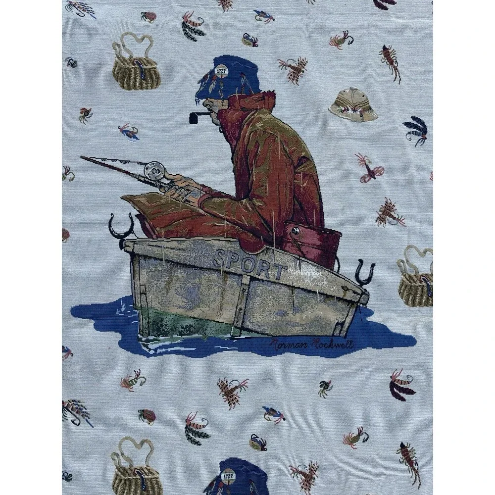 Norman Rockwell Vintage Fabric 4.5ft x 32ft Fishing Tapestry Yardage Textile